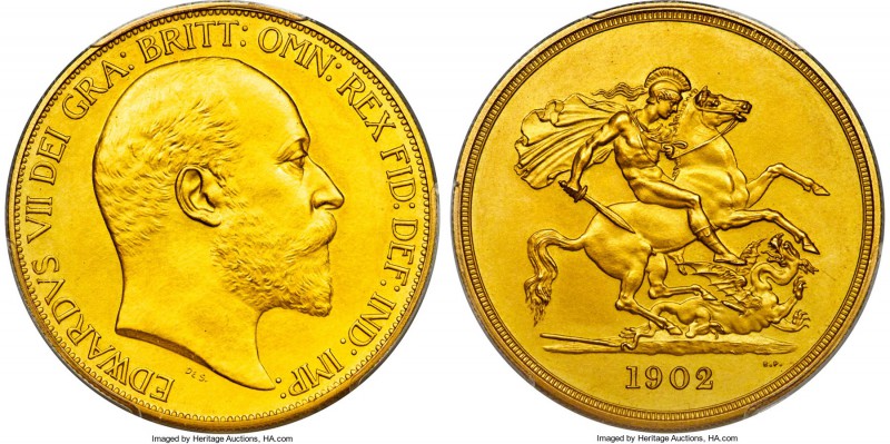 Edward VII gold Matte Proof 5 Pounds 1902 PR63+ PCGS, KM807, S-3966. Edward VII'...