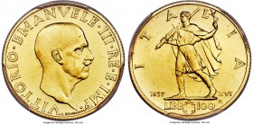 Vittorio Emanuele III gold 100 Lire 1937-R Anno XVI MS64 PCGS, Rome mint, KM84, Pag-651. Obv. Head of Vittorio Emanuele III right. Rev. Male figure st...