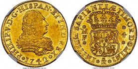 Philip V gold 4 Escudos 1742 Mo-MF MS62 NGC, Mexico City mint, KM135, Cal-248. Tied for finest graded of the type with just one other example at NGC, ...