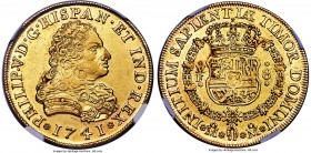 Philip V gold 8 Escudos 1741 Mo-MF AU58 NGC, Mexico City mint, KM148, Fr-8. Exhibiting essentially no wear, this large-size gold offering has been sli...