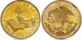 Republic gold "Hookneck" 8 Escudos 1823 Mo-JM AU55 NGC, Mexico City mint, KM382.1, Fr-63, Onza-1994. Type 1; cap points to A. The first Republican gol...