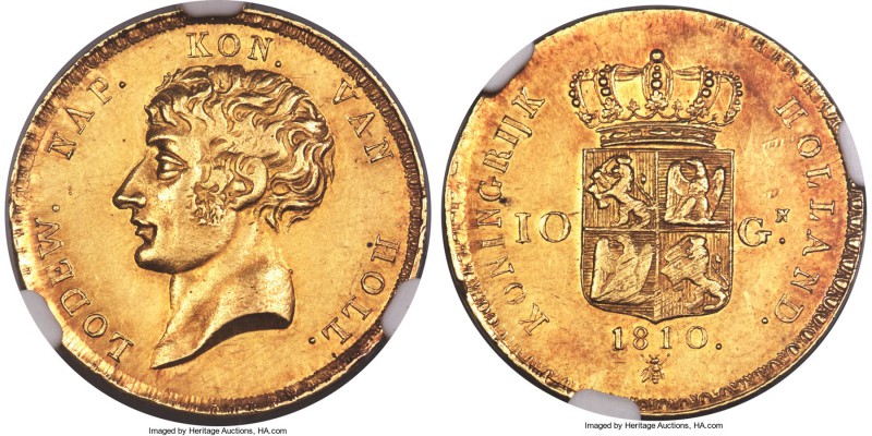 Kingdom of Holland. Louis Napoleon gold 10 Gulden 1810-B MS62 NGC, Utrecht mint,...