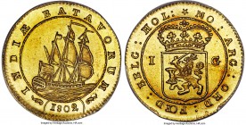 Dutch Colony. Batavian Republic gold Specimen Gulden 1802 SP62+ PCGS, Enkhuizen mint, KM83a, Sch-489 (RRR). Off-metal striking in gold. The only examp...