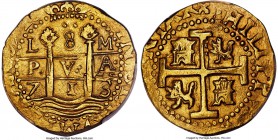 Philip V gold Cob 8 Escudos 1713 L-M AU58 PCGS, Lima mint, KM38.2, Calico-25. 26.85gm. Although there is no corroborating documentation we are of the ...