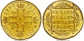 Paul I gold 5 Roubles 1798 CM-ФЦ AU53 PCGS, Suzun mint, KM-C104.1, Bitkin 1 (R), Fr-144, Petrov 15 Roubles. Obv. Cross of four crowned cyrillic P's, w...
