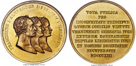 Alexander I gold "Alliance of Three Monarchs" Medal 1813 MS60 NGC, Diakov-365.1 var. (R3), Reichel-3145 (AR), 47mm. By I. Lang (unsigned). Housed in a...