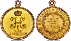 Nicholas I gold "Cuirassiers Regiment" Medal 1842 UNC Details (Obverse Scratched) NGC, Diakov-566.2 (unlisted in gold), Reichel-3728 (unlisted in gold...