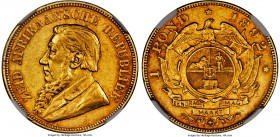 Republic gold "Single Shaft" Pond 1892 AU58 NGC, Berlin mint, KM10.2, Hern-Z45. Obv. Bust of Paul Kruger left. Rev. Eagle over coat-of-arms with date ...