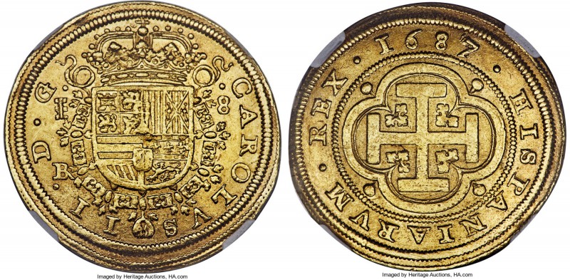 Charles II gold 8 Escudos 1687/3-BR AU58 NGC, Segovia mint, KM197, Onza-145 (Rar...