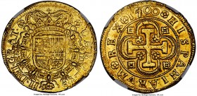 Charles II gold 8 Escudos 1700 S-M MS63 NGC, Seville mint, KM233.3, Fr-218a. Dot after "II" variety. The single highest graded specimen of this variet...