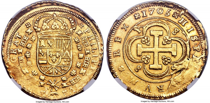 Philip V gold 8 Escudos 1705 S-P AU58 NGC, Seville mint, KM260, Fr-247. With wel...