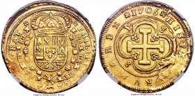 Philip V gold 8 Escudos 1705 S-P AU58 NGC, Seville mint, KM260, Fr-247. With well-struck centers and partial underlying luster, this large-sized gold ...