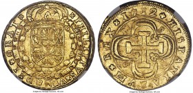 Philip V gold 8 Escudos 1712 S-M MS62 NGC, Seville mint, KM260, Fr-247, Cayon-9936. Obv. Crowned Bourbon Coat of Arms. Rev. Cross in quatrefoil. An im...