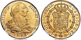 Charles III gold 8 Escudos 1773 M-PJ MS63 NGC, Madrid mint, KM409.1, Fr-282, Cay-12841. A simply gorgeous specimen, currently none finer in the certif...