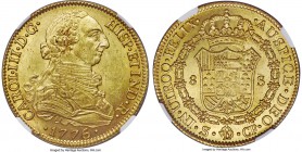 Charles III gold 8 Escudos 1776/5 S-CF MS63+ NGC, Seville mint, KM409.2, Fr-283. Superb for the issue with fully original surfaces, sheathed in satin ...