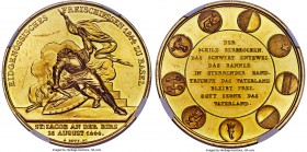 Basel. Canton gold Shooting Medal 1844 MS61 NGC, Richter-87a. 36.91gm. Fallen hero at St. Jacob an der Birs / Nine symbols surrounding patriotic poem....