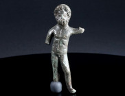 A ROMAN BRONZE STATUETTE OF JUPITER Circa 2nd-3rd century AD. Jupiter, the supreme god of the Roman pantheon, is depicted nude, with long beard and cu...