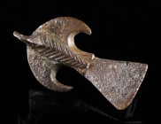 A LATE ANTIQUE BRONZE BIRD BROOCH Circa 4th-6th century AD. Brooch in the form of a bird with swept back wings and fantail; incised decoration. With h...