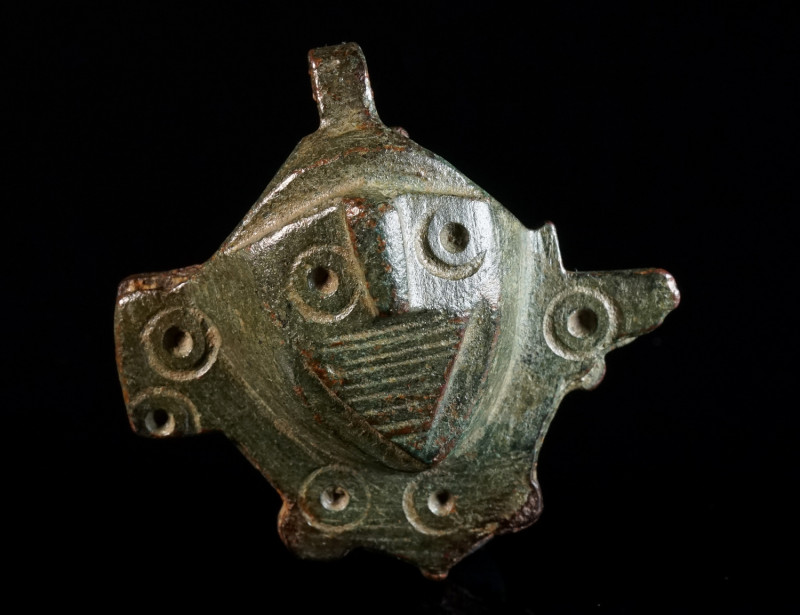 A ROMAN BRONZE FIGURAL PADLOCK WITH A FACE Circa 2nd-4th century AD. The cover i...