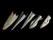 A GROUP OF FIVE BRONZE ARROWHEADS FROM THE GREEK WORLD Circa 6th-3rd century BC. Including three 'Scythian' arrowheads, that were in fact used by diff...
