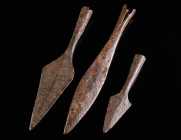 A GROUP OF THREE MEDIEVAL IRON ARROWHEADS Circa 10th-14th century AD. Three leaf-shaped arrowheads, all socketed. L 73-131 mm

Ex European private col...