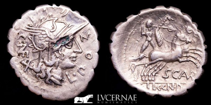 Roman republic - M. Aurelius Scaurus. Silver serrate fouree denarius (3,22 g., 1...