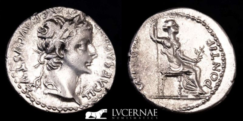 Roman Empire - Tiberius, AD 14-37. Silver denarius (3.58 g. 20 mm.). Minted in L...