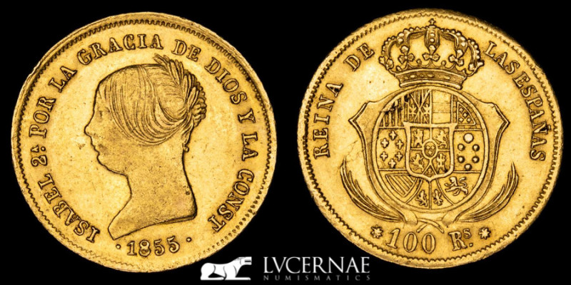 Spain - Isabel II (1833 - 1868)

Gold 100 reales - Sevilla 1855. 

8,38 g. 22 mm...