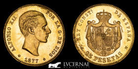 Alfonso XII Gold 25 Pesetas 8,06 g. 24 mm. Madrid 1877 DE·M AU (About Uncirculated)