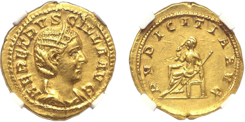 ETRUSCILLE
Aureus : La Pudeur assise à gauche, tenant un sceptre transversal
 ...