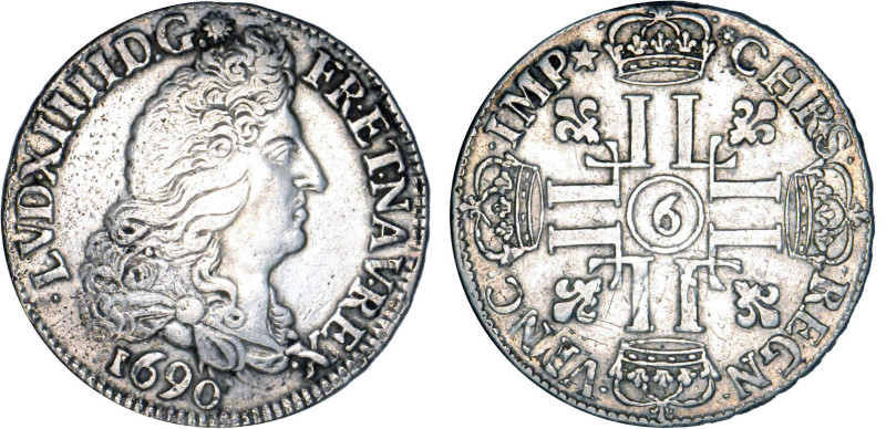 LOUIS XIV le Grand (1643-1715)
1/2 écu aux 8 L, 1er type
1690 9 - TTB 35 (TTB)...