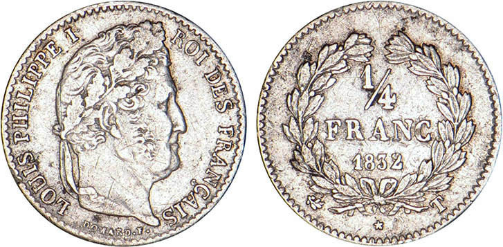 1/4 FRANC, 25 CENTIMES
1/4 FRANC Louis-Philippe I
1832 T - TTB 35 (TTB)
Très ...