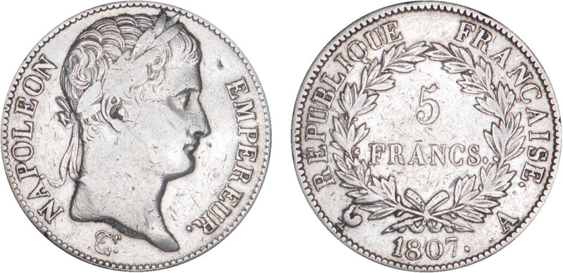 5 FRANCS
5 FRANCS Napoléon tête laurée, au revers République Française
1807 A ...