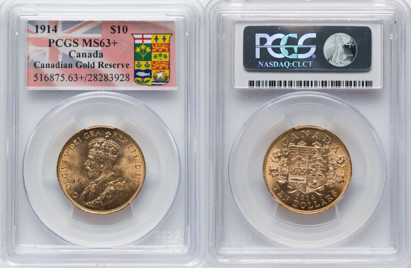 George V gold 10 Dollars 1914 MS63+ PCGS, Ottawa mint, KM27. Canadian Gold Reser...