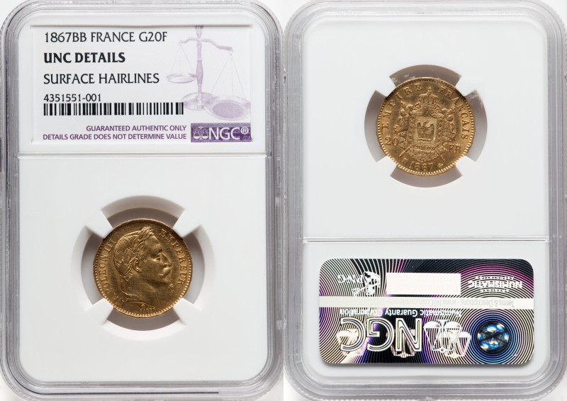 Napoleon III gold 20 Francs 1867-BB UNC Details (Surface Hairlines) NGC, Strasbo...