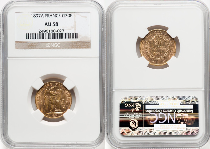 Republic gold 20 Francs 1897-A AU58 NGC, Paris mint, KM825, Gad-1063. HID0980124...