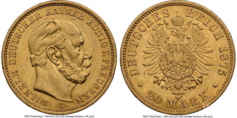 Prussia. Wilhelm I gold 20 Mark 1875-A AU55 NGC, Berlin mint, KM505, J-246. HID0...