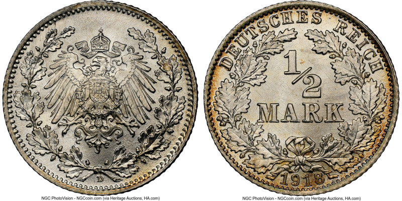 Wilhelm II 1/2 Mark 1918-D MS68 NGC, Munich mint, KM17. A near-perfect example o...