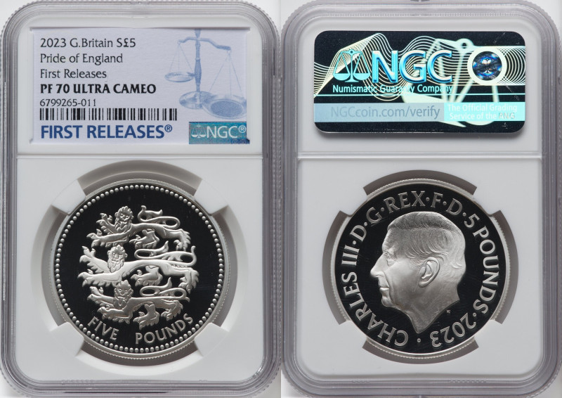 Charles III silver Proof "Pride of England" 5 Pounds 2023 PR70 Ultra Cameo NGC, ...