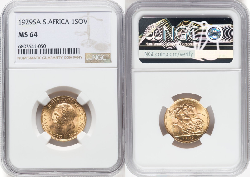 George V gold Sovereign 1929-SA MS64 NGC, Pretoria mint, KM-A22, S-4004. HID0980...