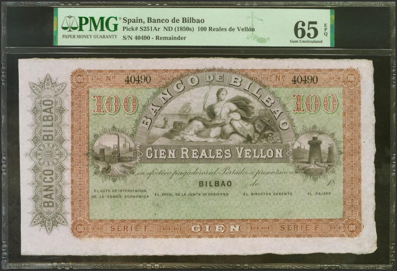 100 Reales. 21 de Agosto de 1857. Banco de Bilbao. Serie F, sin firmas y con num...