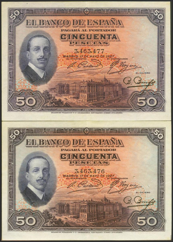 50 Pesetas. 17 de Mayo de 1927. Pareja correlativa. Sin serie. (Edifil 2023: 326...