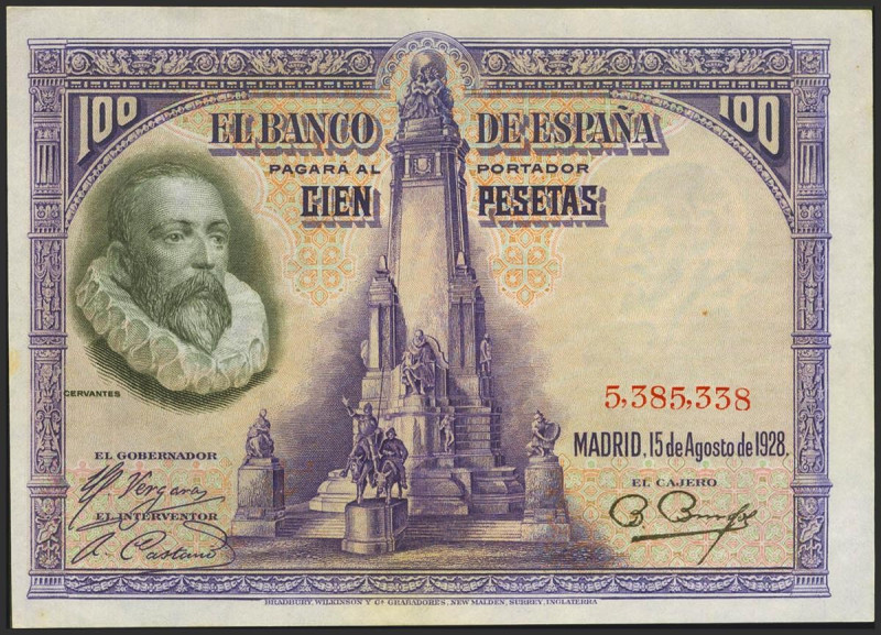 100 Pesetas. 15 de Agosto de 1928. Sin serie. (Edifil 2023: 355). Conserva gran ...