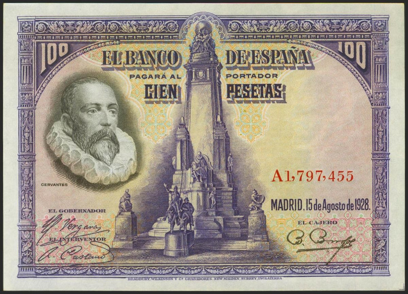 100 Pesetas. 15 de Agosto de 1928. Serie A. (Edifil 2021: 355a). Conserva todo s...