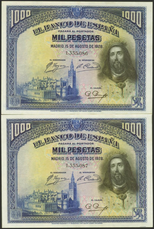 1000 Pesetas. 15 de Agosto de 1928. Pareja correlativa. Sin serie. (Edifil 2021:...