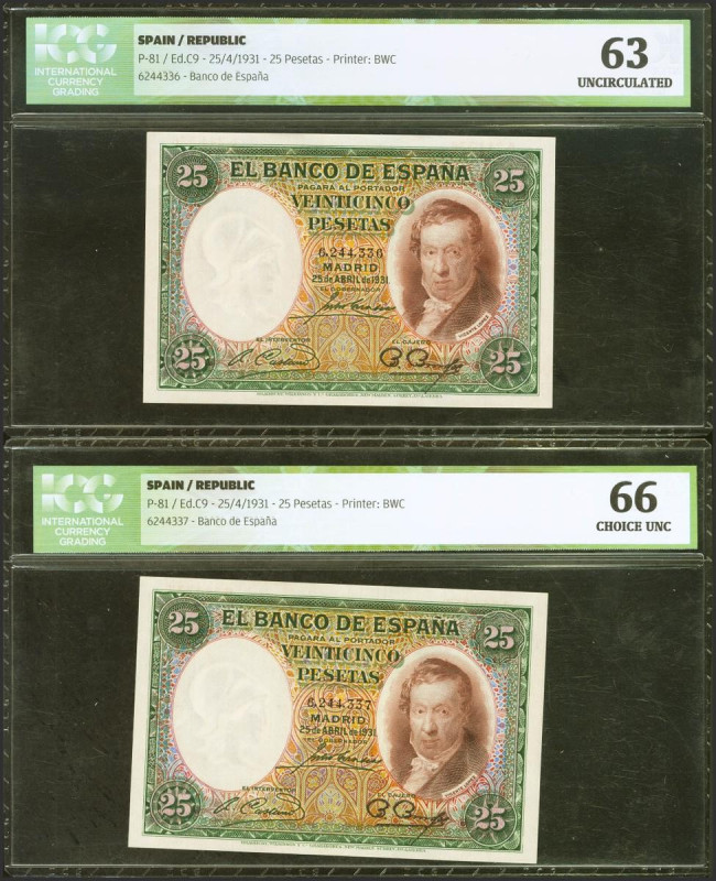 25 Pesetas. 25 de Abril de 1931. Pareja correlativa. Sin serie. (Edifil 2023: 35...