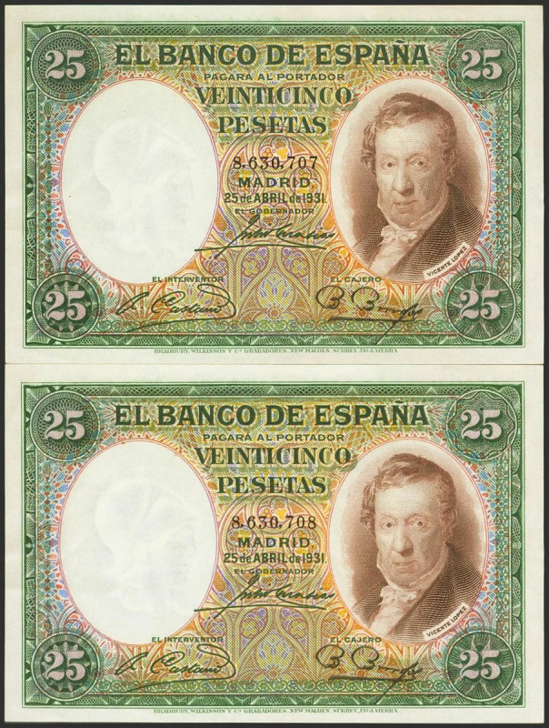 25 Pesetas. 25 de Abril de 1931. Pareja correlativa. Sin serie. (Edifil 2023: 35...