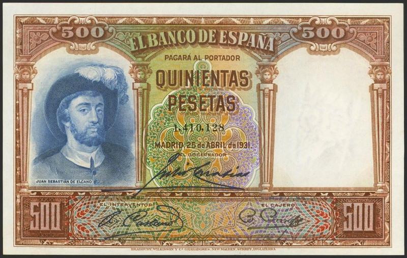 500 Pesetas. 25 de Abril de 1931. Sin serie. (Edifil 2021: 361). Conserva todo e...