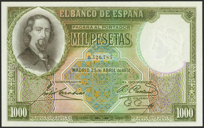 1000 Pesetas. 25 de Abril de 1931. Sin serie. (Edifil 2021: 362). Raro en esta e...