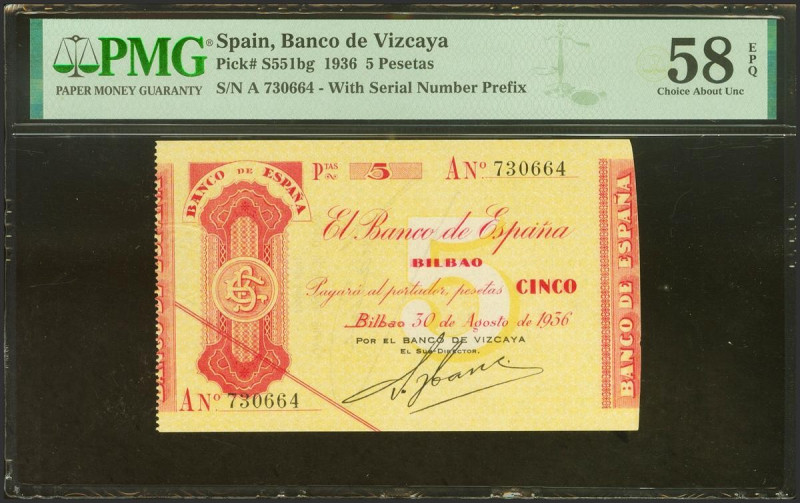 5 Pesetas. 30 de Agosto de 1936. Sucursal de Bilbao, antefirma del Banco de Vizc...